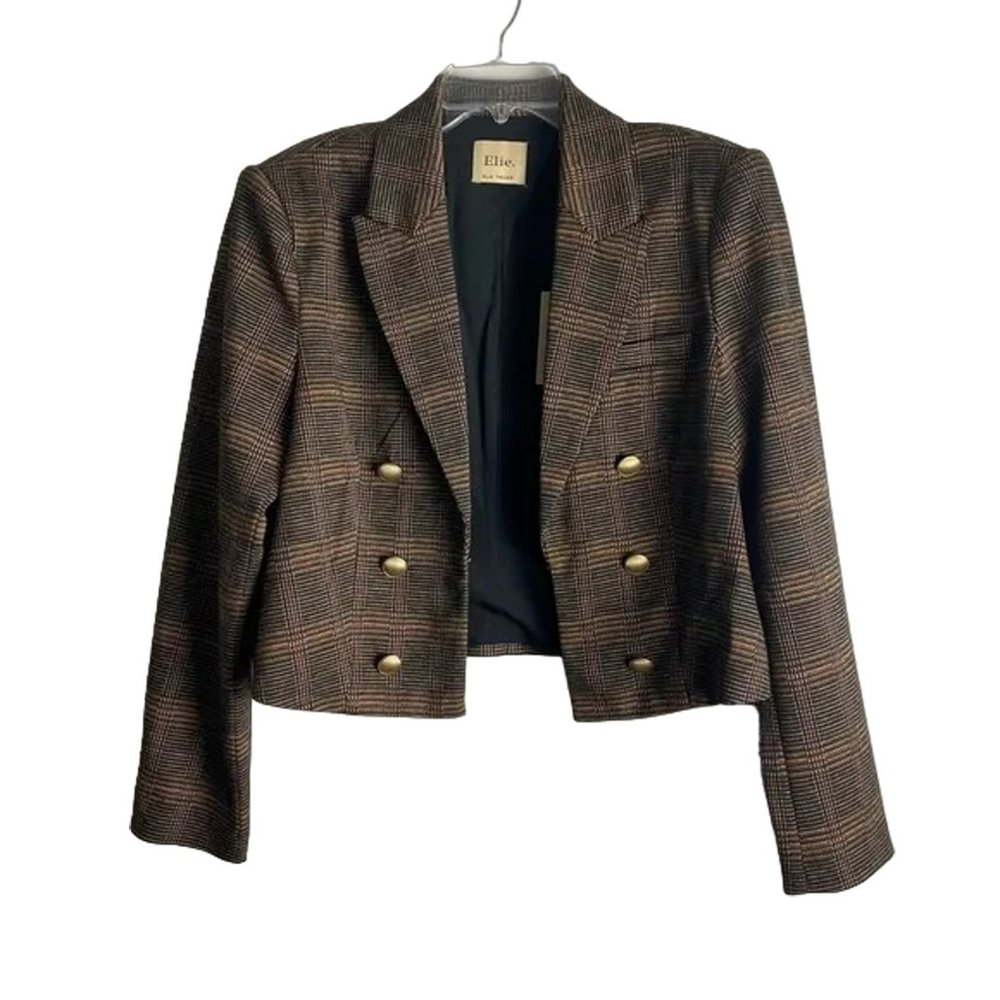 NEW ELIE by ELIE TAHARI Cropped Blazer! 4 or 12 Brown White Plaid Gold Buttons